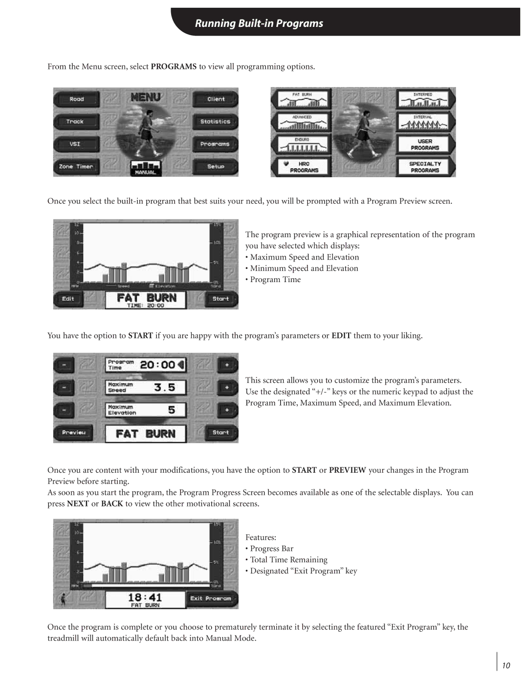 Landice 72070 manual Running Built-in Programs 