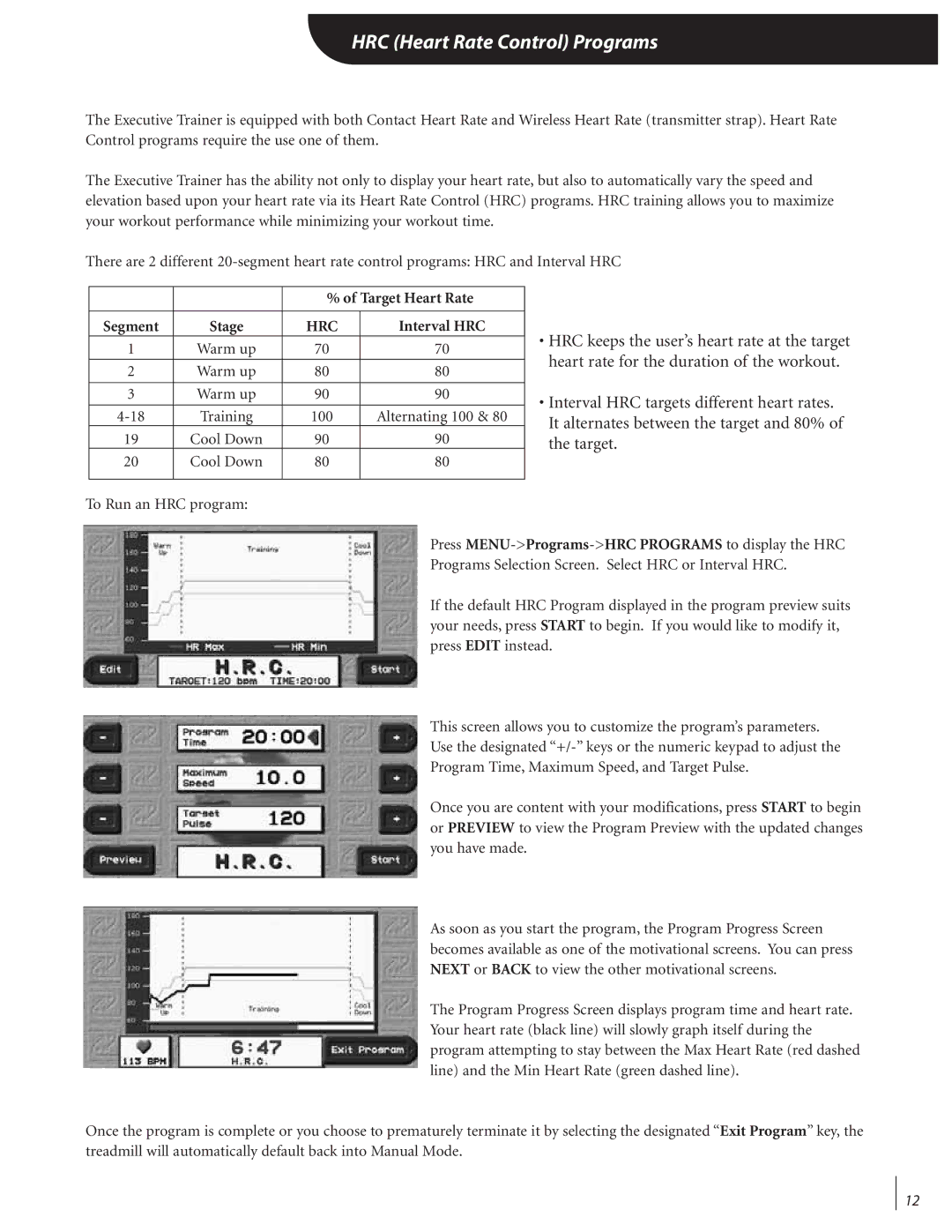 Landice 72070 manual HRC Heart Rate Control Programs, Target Heart Rate Segment, Interval HRC 