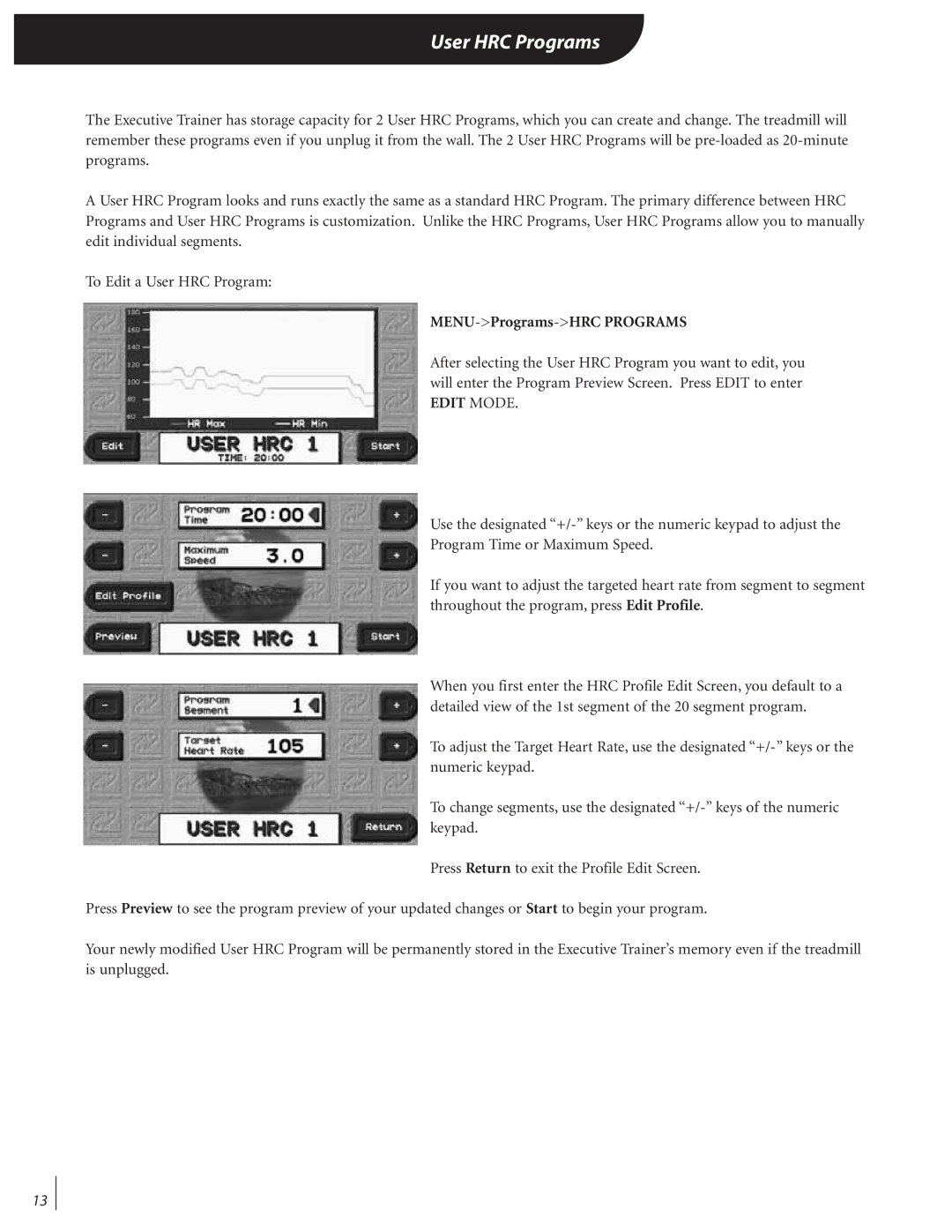 Landice 72070 manual User HRC Programs, MENU-Programs-HRC Programs 