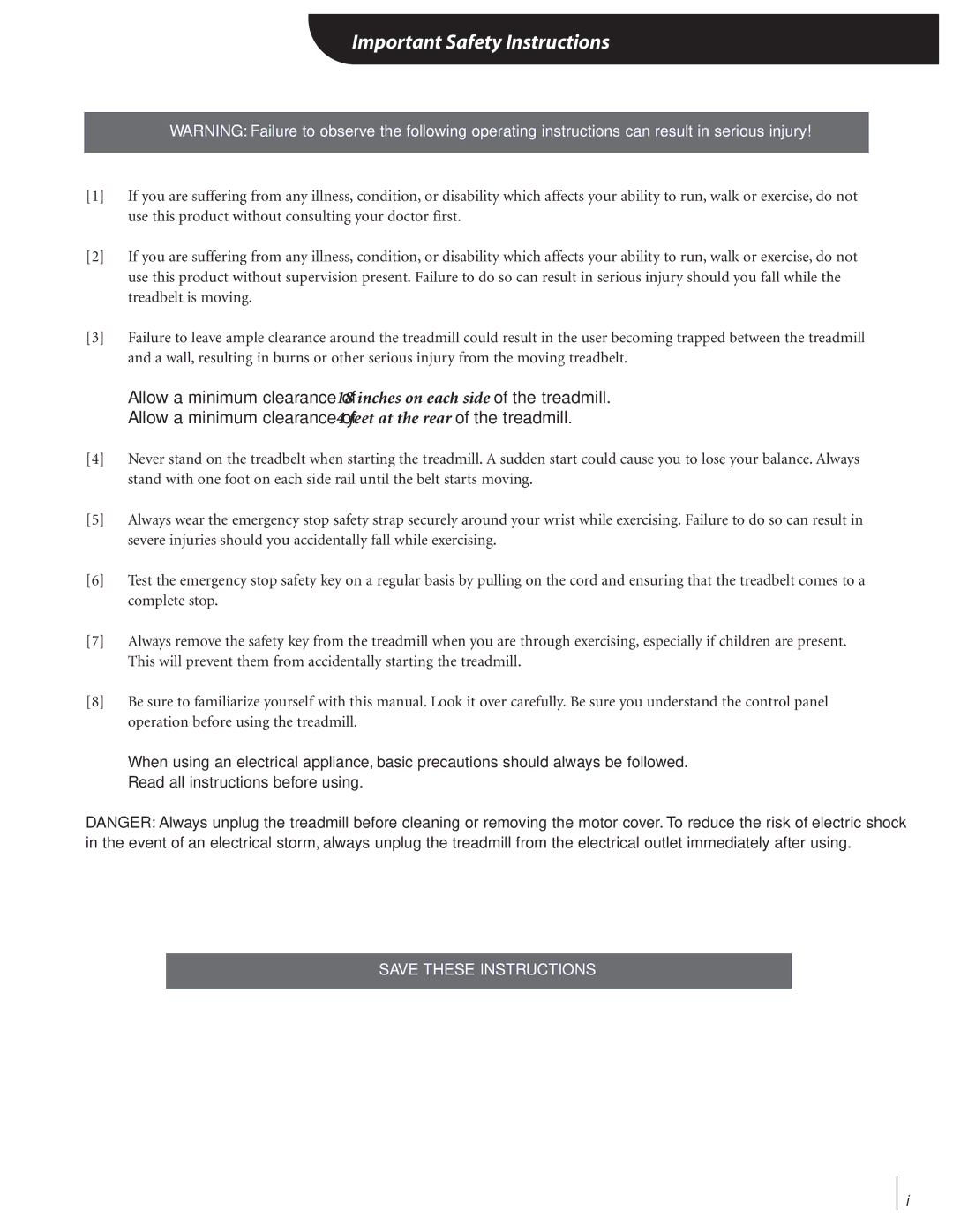 Landice 72070 manual Important Safety Instructions 