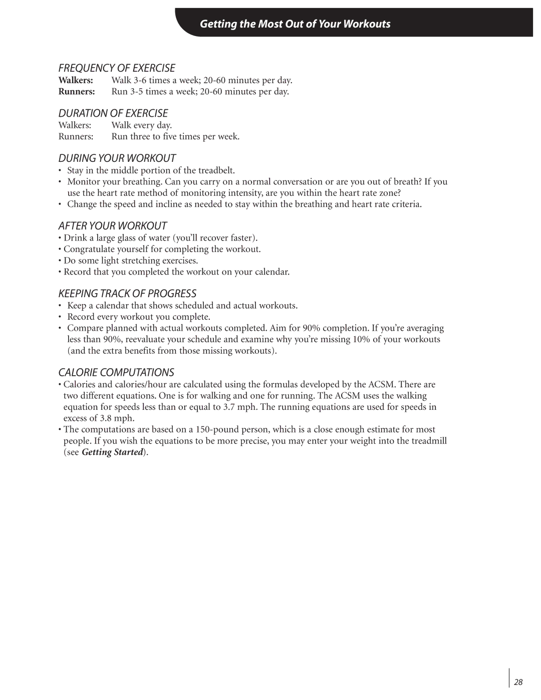 Landice 72070 Frequency of Exercise, Duration of Exercise, During Your Workout, After Your Workout, Calorie Computations 