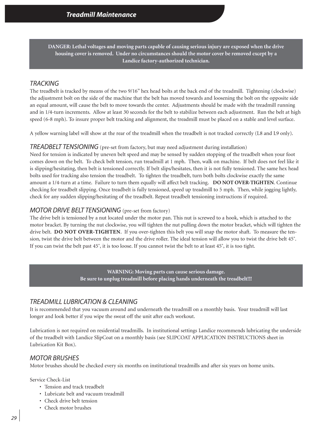 Landice 72070 manual Treadmill Maintenance, Tracking, Treadmill Lubrication & Cleaning, Motor Brushes 