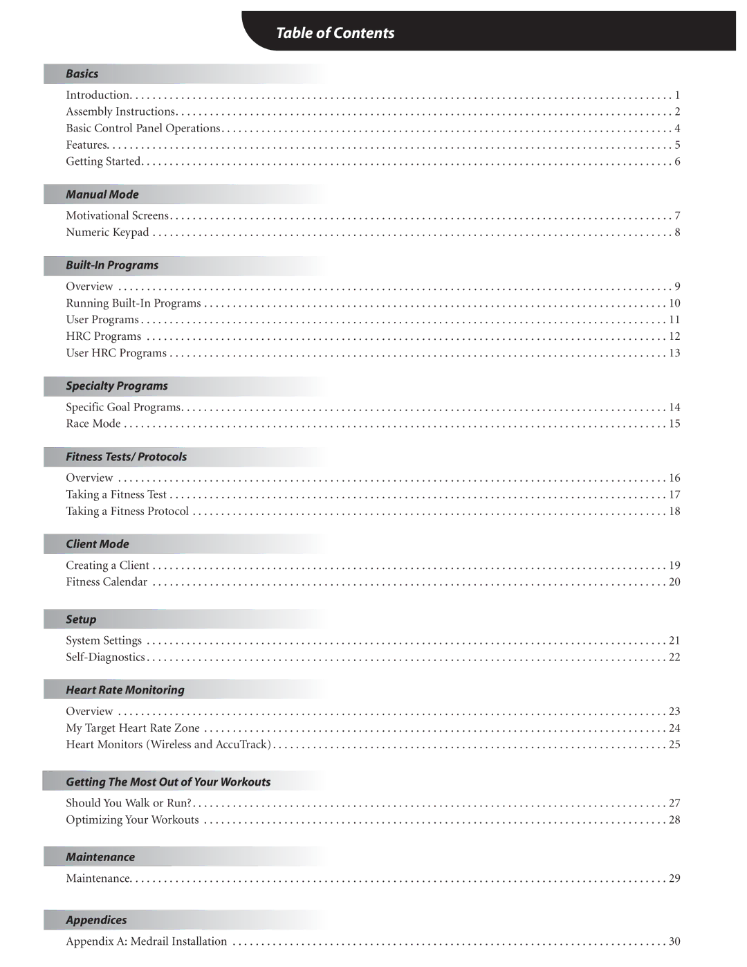 Landice 72070 manual Table of Contents 