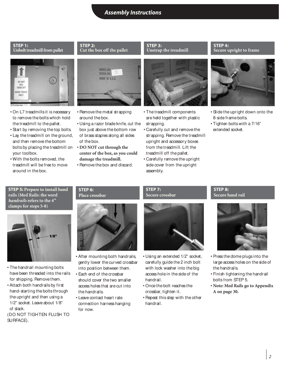 Landice 72070 manual Assembly Instructions, Do not cut through, Center of the box, as you could, Damage the treadmill 