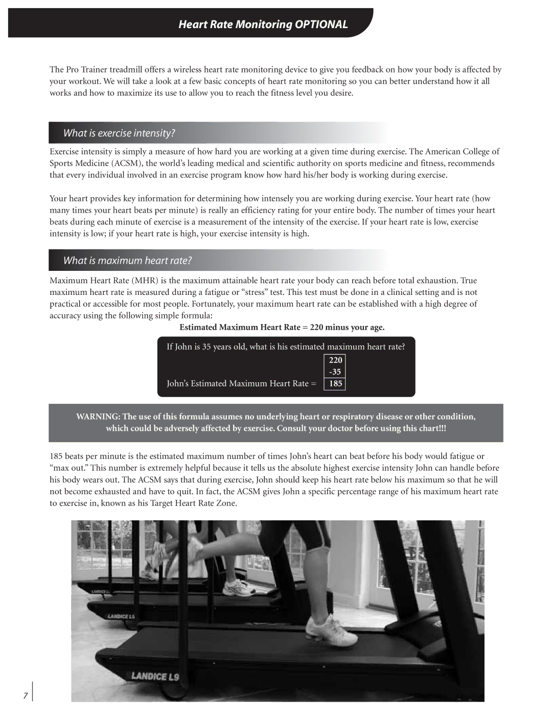 Landice 72089 manual Heart Rate Monitoring Optional, What is exercise intensity?, What is maximum heart rate? 