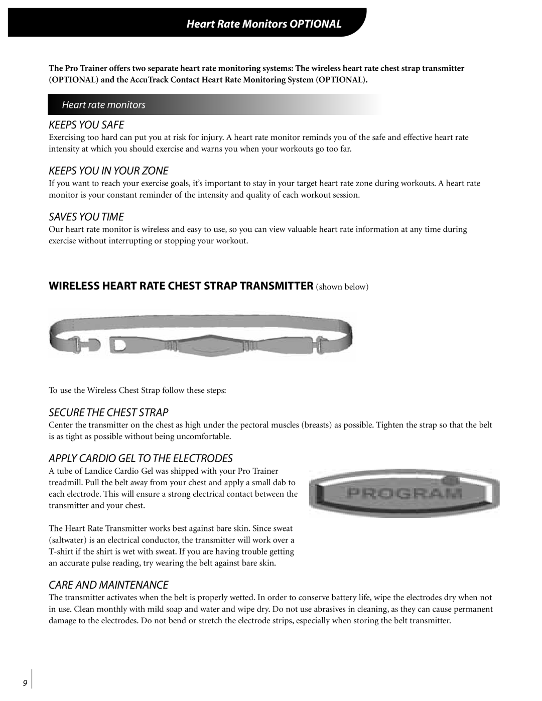 Landice 72089 manual Heart Rate Monitors Optional 