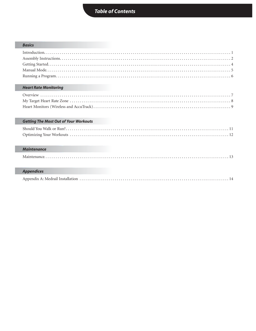 Landice 72089 manual Table of Contents 