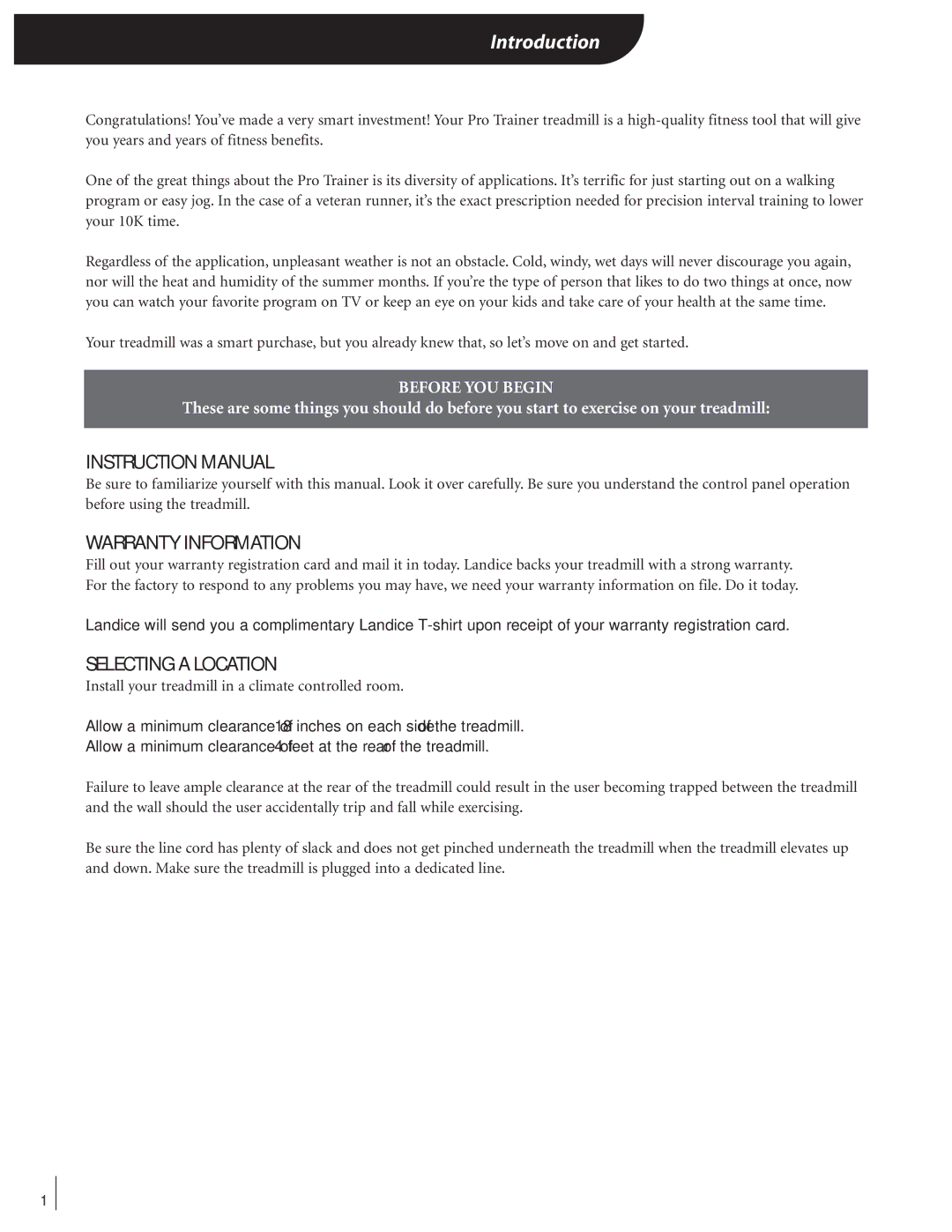 Landice 72089 manual Introduction, Warranty Information, Selecting a Location 