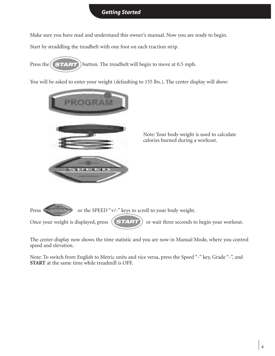 Landice 72089 manual Getting Started 