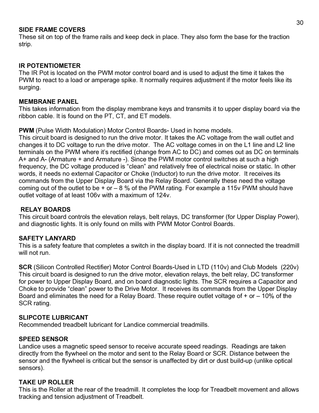 Landice 8700 manual Side Frame Covers, IR Potentiometer, Membrane Panel, Relay Boards, Safety Lanyard, Slipcote Lubricant 