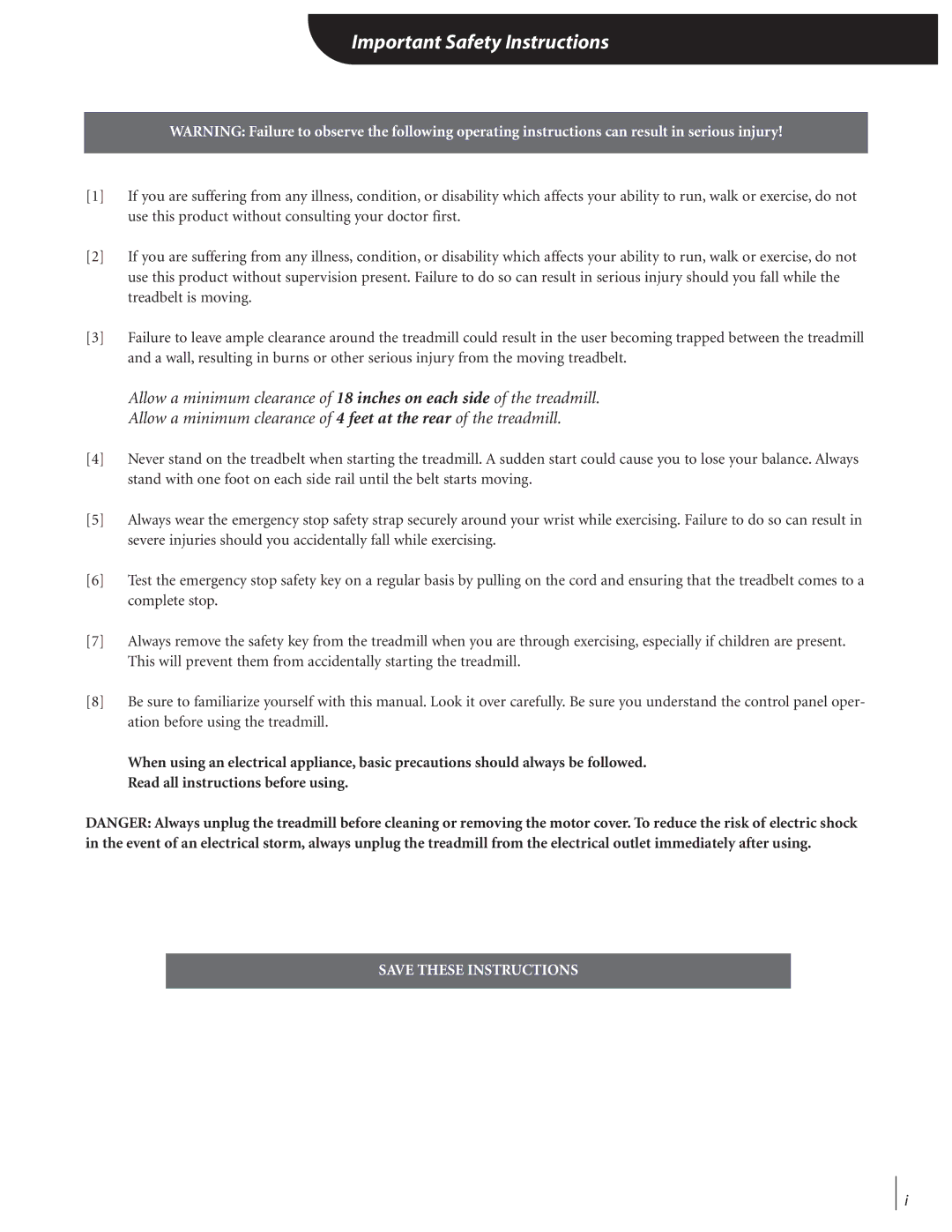 Landice Finest Treadmills manual Important Safety Instructions 