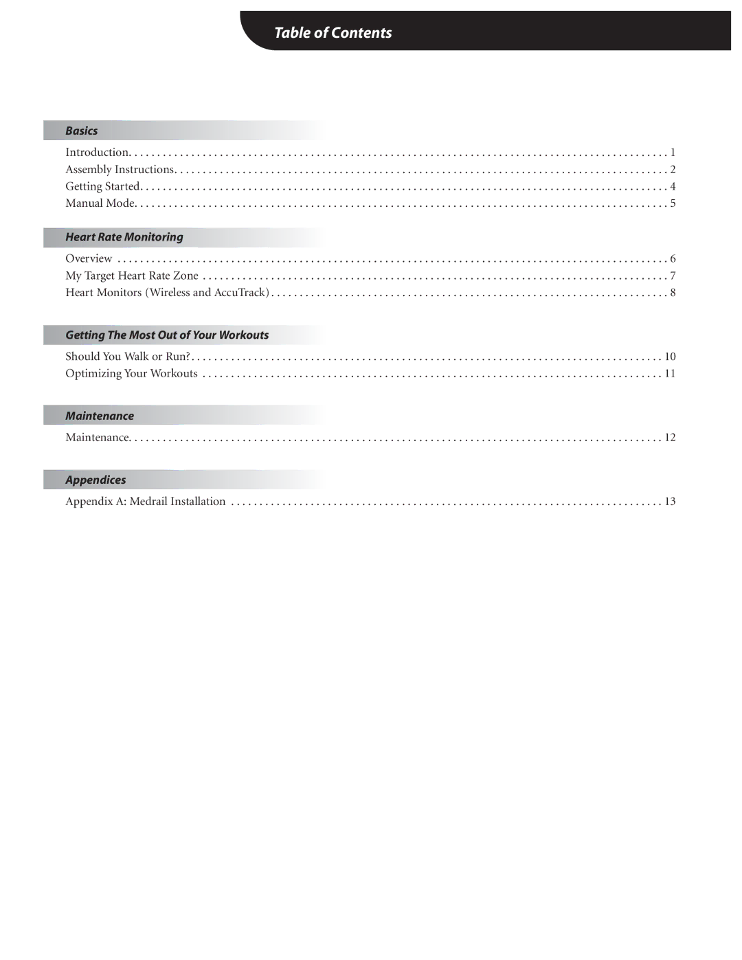 Landice Finest Treadmills manual Table of Contents 