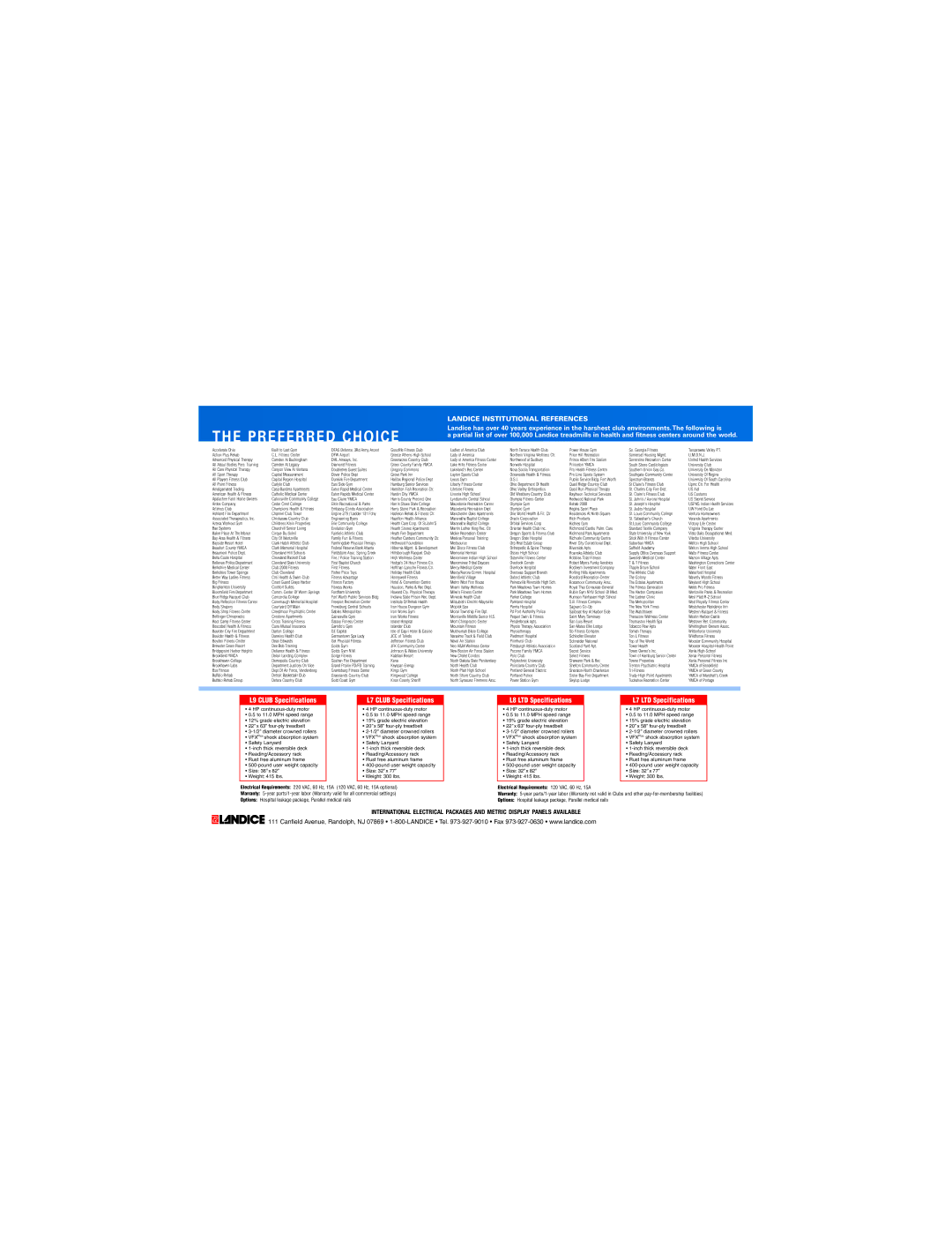 Landice L9 manual Preferred Choice, Landice Institutional References 