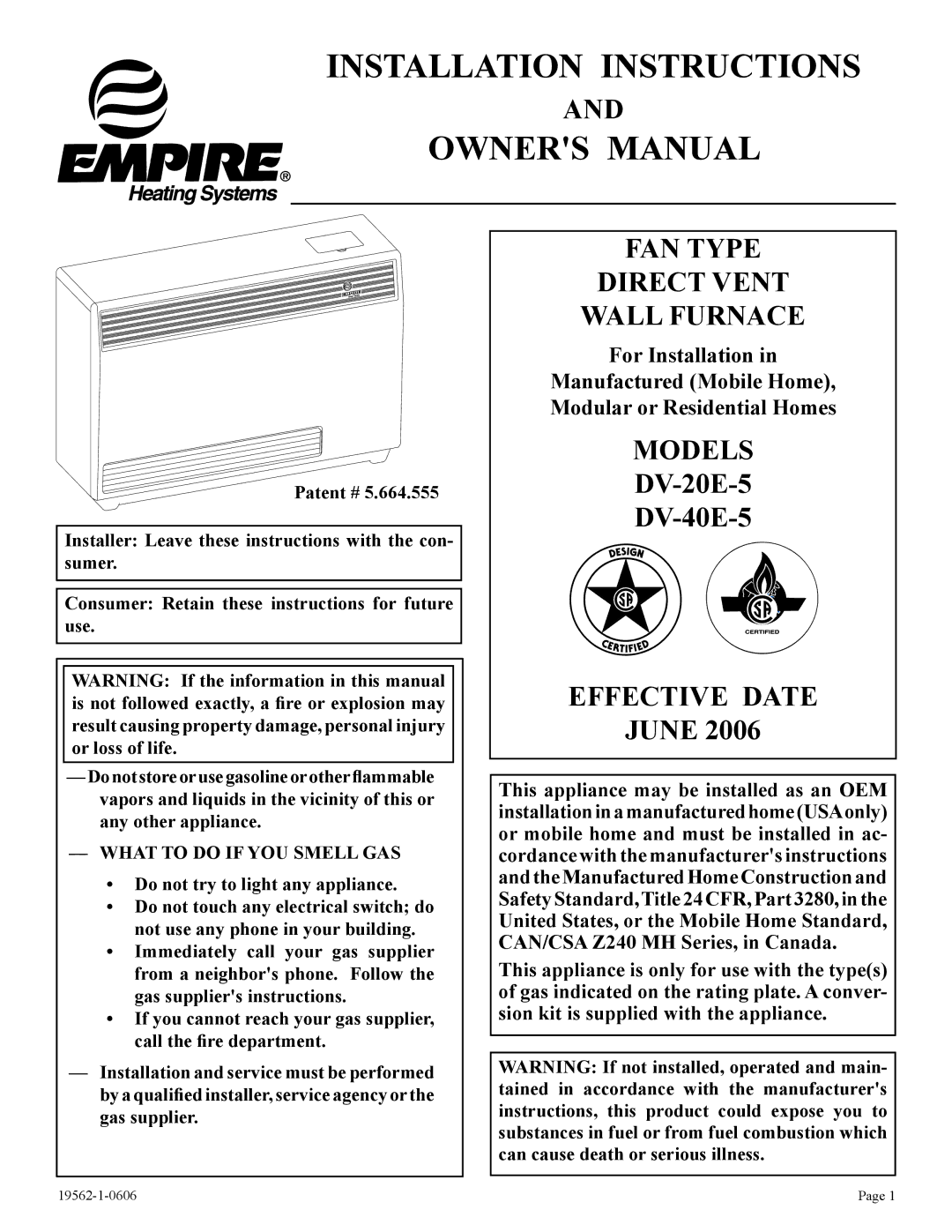 Langley/Empire DV-40E-5, DV-20E-5 installation instructions Installation Instructions, What to do if YOU Smell GAS 