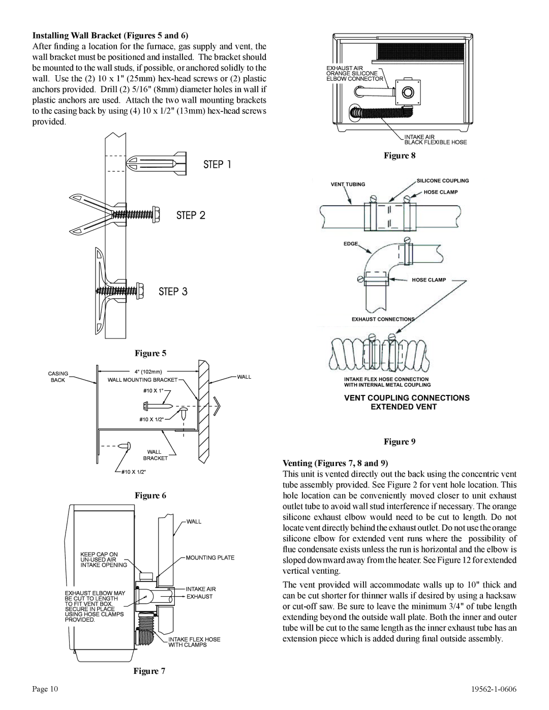 Langley/Empire DV-20E-5, DV-40E-5 installation instructions Installing Wall Bracket Figures 5, Venting Figures 7, 8 