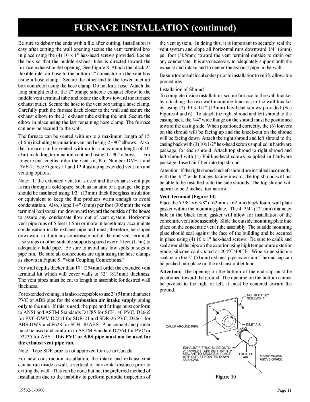 Langley/Empire DV-40E-5, DV-20E-5 installation instructions Furnace Installation, Vent Terminal Figure 