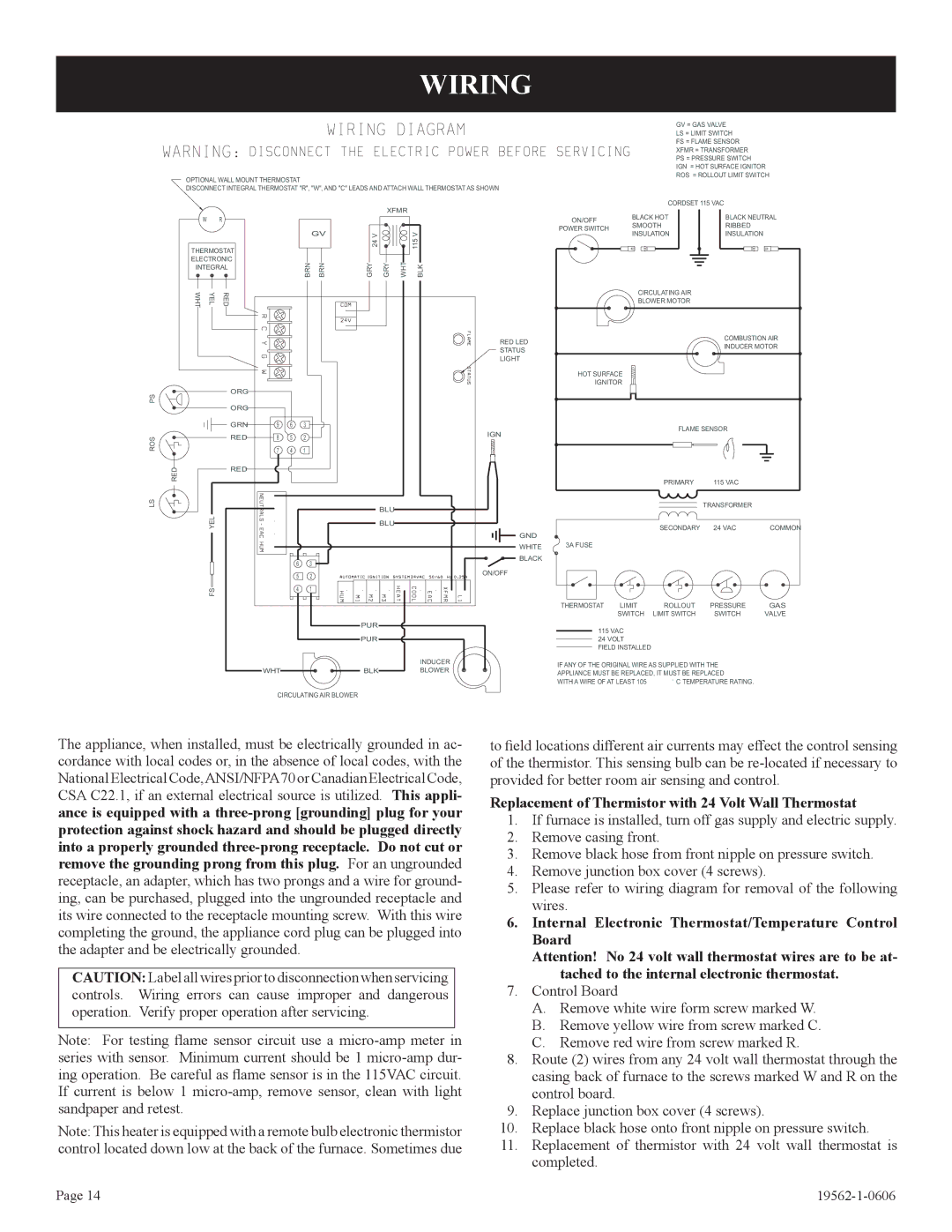 Langley/Empire DV-20E-5, DV-40E-5 installation instructions Wiring, Replacement of Thermistor with 24 Volt Wall Thermostat 