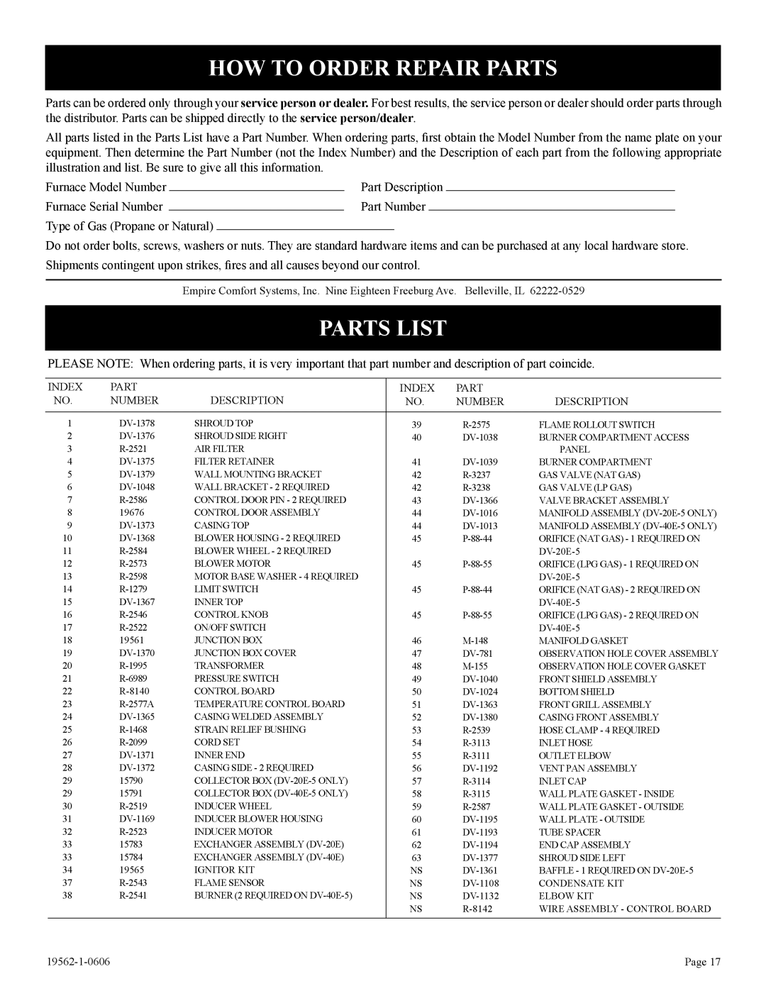 Langley/Empire DV-40E-5, DV-20E-5 installation instructions HOW to Order Repair Parts, Parts List 