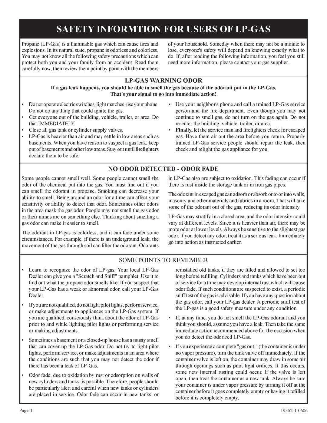 Langley/Empire DV-20E-5, DV-40E-5 Safety Informtion for Users of LP-GAS, LP-GAS Warning Odor, No Odor Detected Odor Fade 