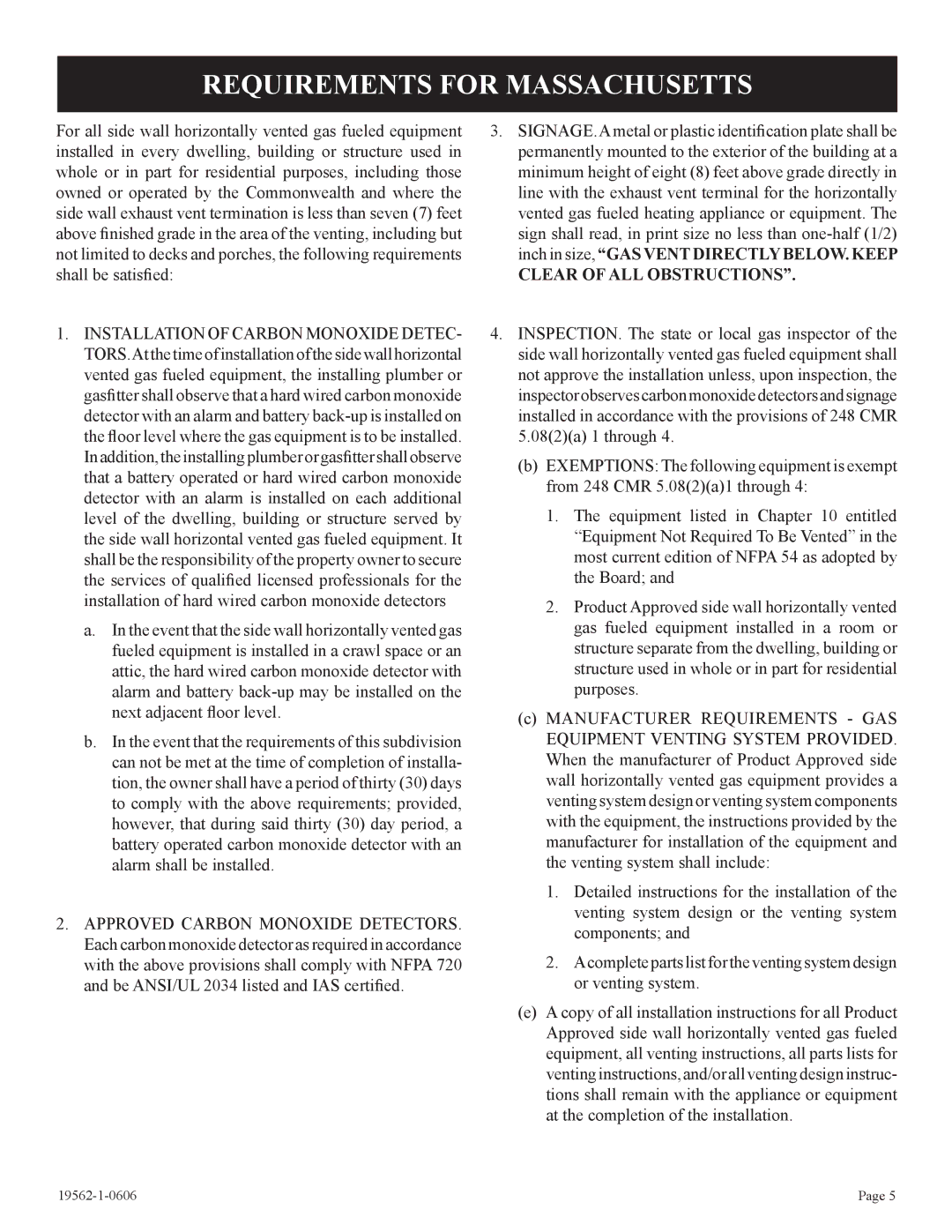 Langley/Empire DV-40E-5, DV-20E-5 installation instructions Requirements for Massachusetts, Clear of ALL Obstructions 