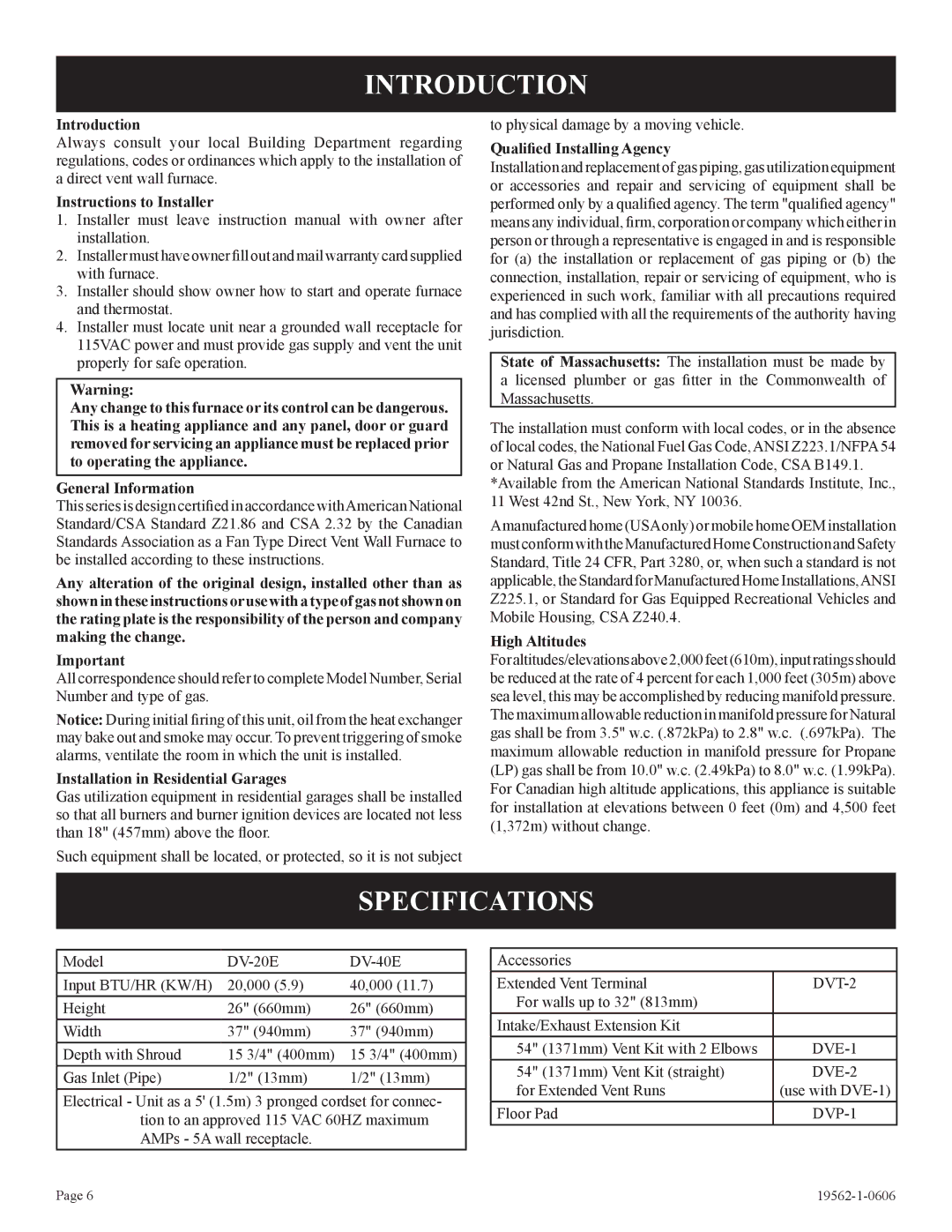 Langley/Empire DV-20E-5, DV-40E-5 installation instructions Introduction, Specifications 