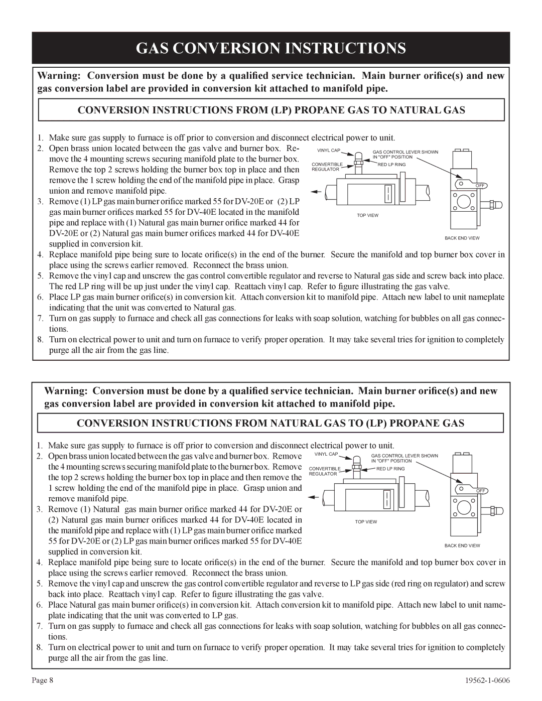 Langley/Empire DV-20E-5, DV-40E-5 GAS Conversion Instructions, Conversion Instructions from LP Propane GAS to Natural GAS 