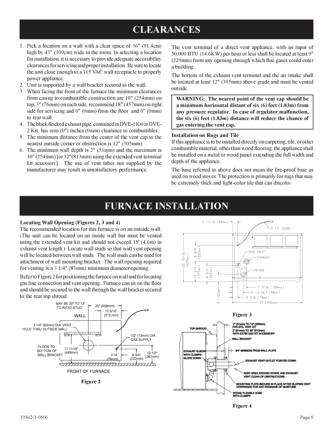 Langley/Empire DV-40E-5, DV-20E-5 installation instructions Clearances, Furnace Installation, Installation on Rugs and Tile 