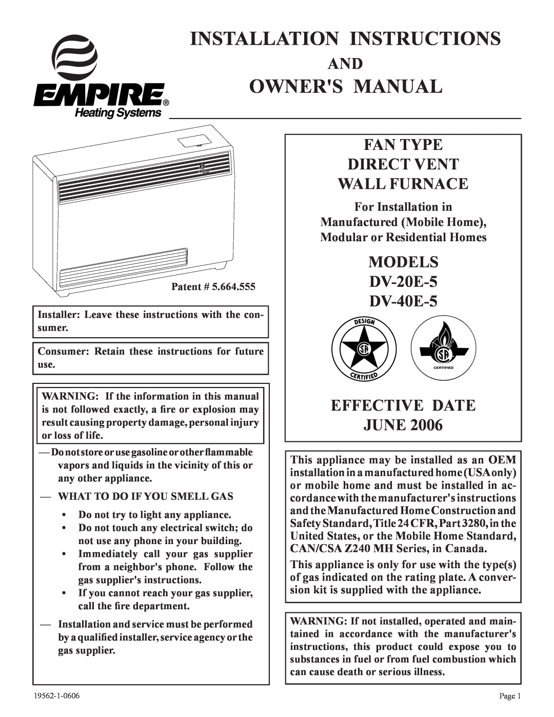 Langley/Empire DV-40E-5 installation instructions Installation Instructions, Fan Type, Direct Vent, Models, Effective Date 