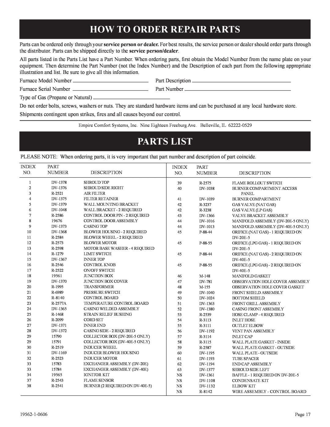 Langley/Empire DV-40E-5, DV-20E-5 installation instructions How To Order Repair Parts, Parts List 