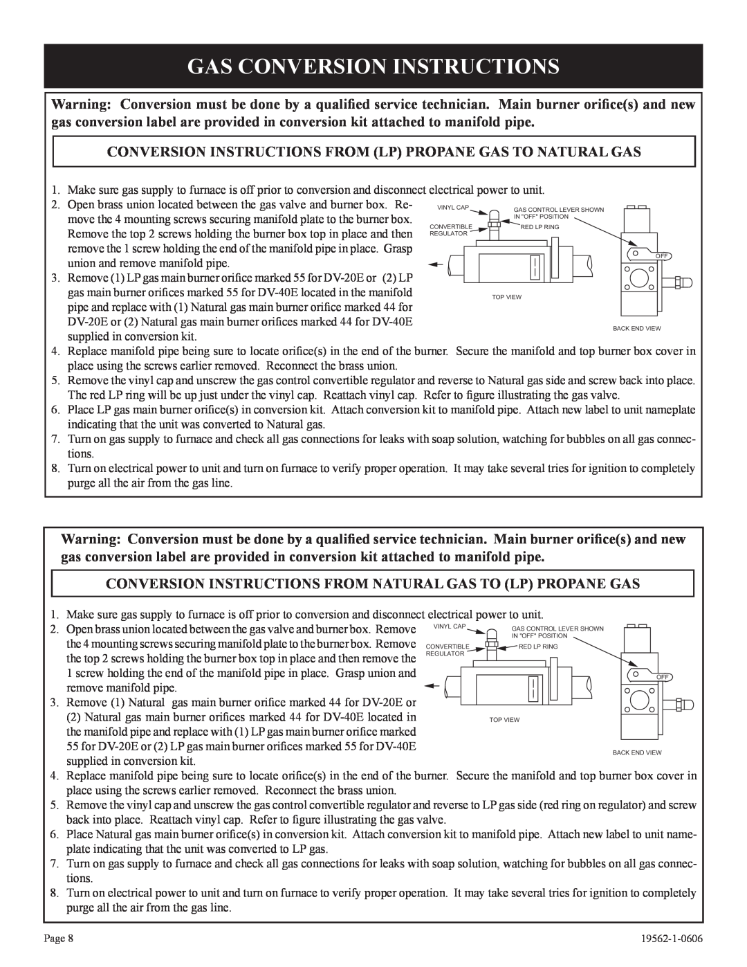 Langley/Empire DV-20E-5, DV-40E-5 installation instructions Gas Conversion Instructions, Page, 19562-1-0606 