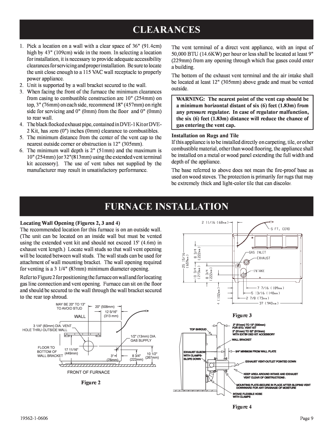 Langley/Empire DV-40E-5, DV-20E-5 installation instructions Clearances, Furnace Installation, Installation on Rugs and Tile 