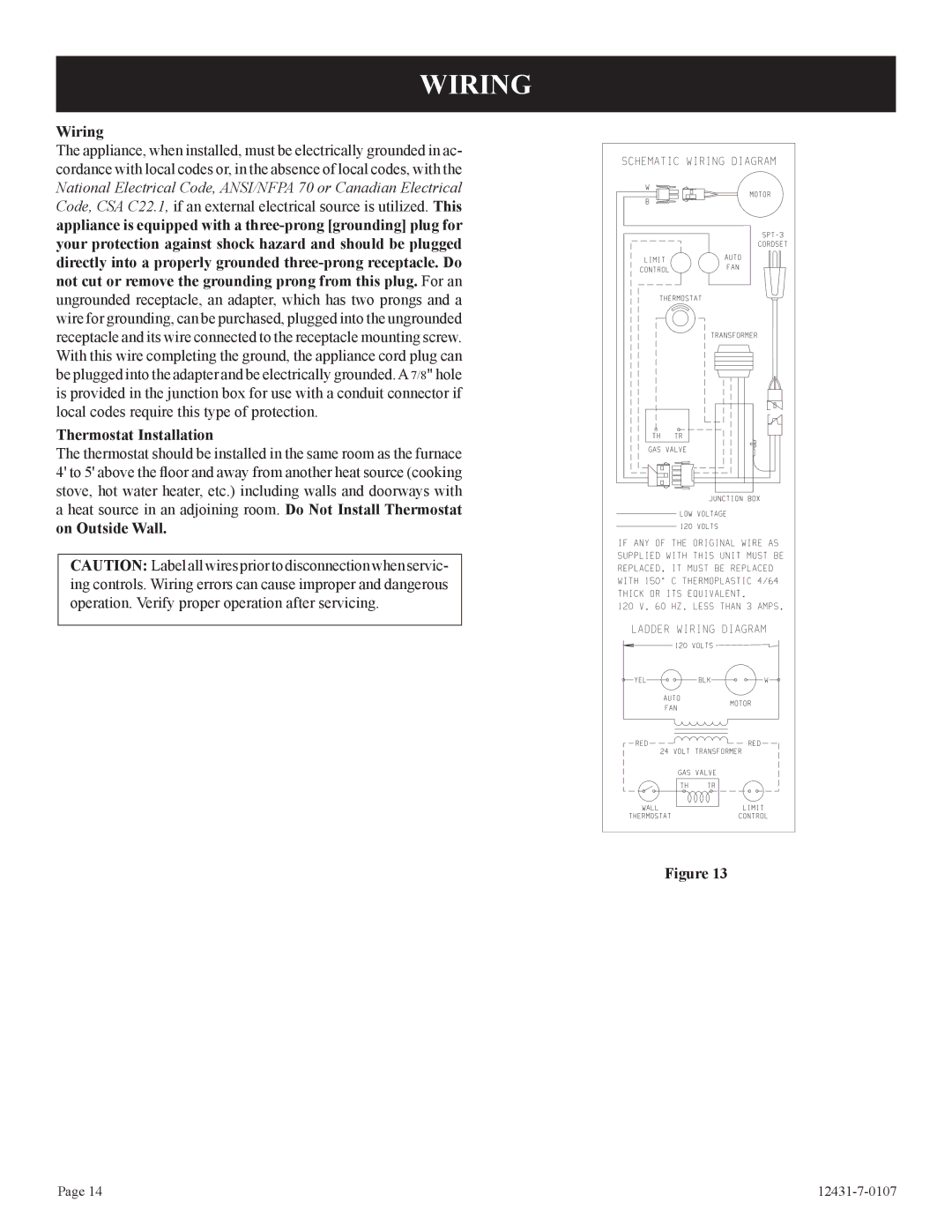 Langley/Empire DV-55SPP installation instructions Wiring, Thermostat Installation 