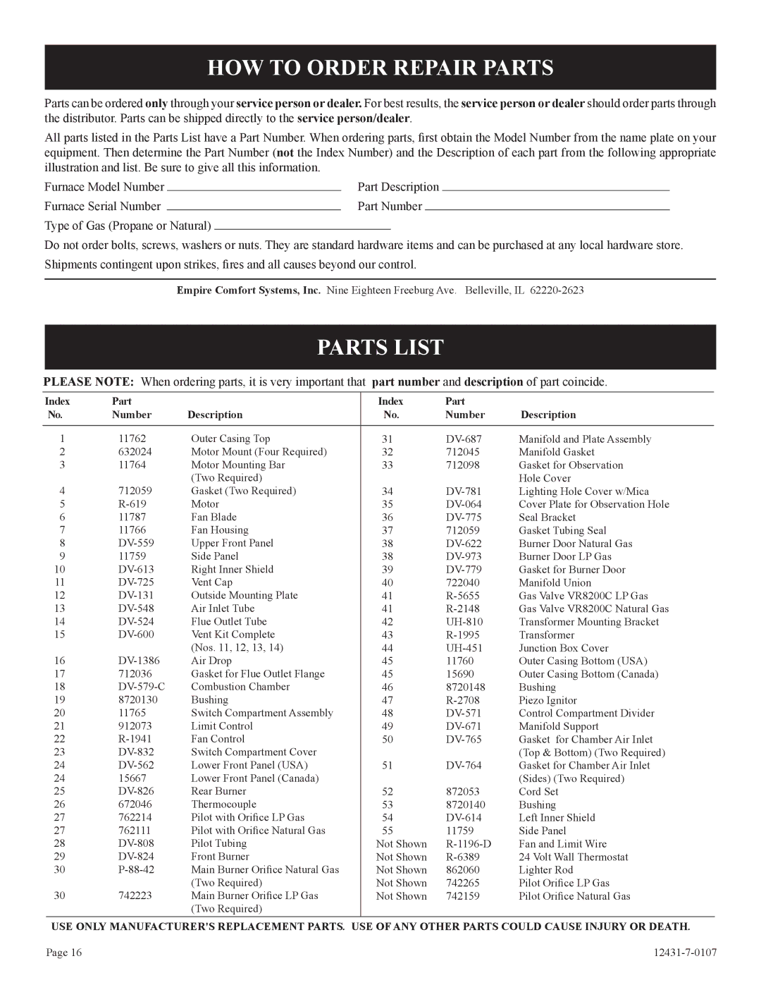 Langley/Empire DV-55SPP HOW to Order Repair Parts, Parts List, Part number and description of part coincide 