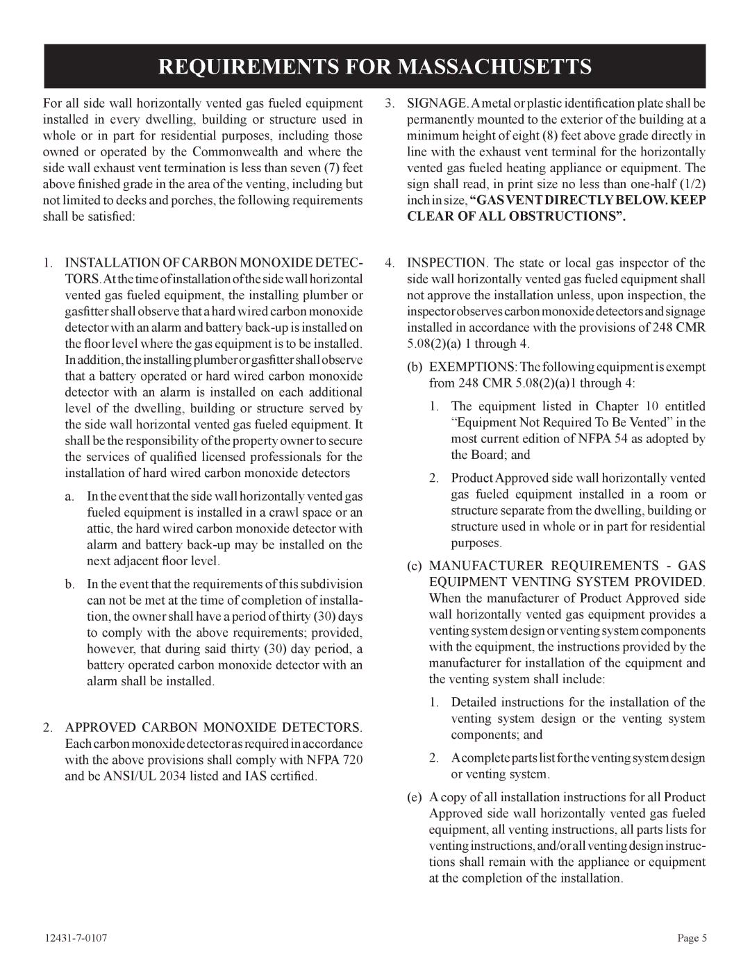 Langley/Empire DV-55SPP installation instructions Requirements for Massachusetts, Clear of ALL Obstructions 