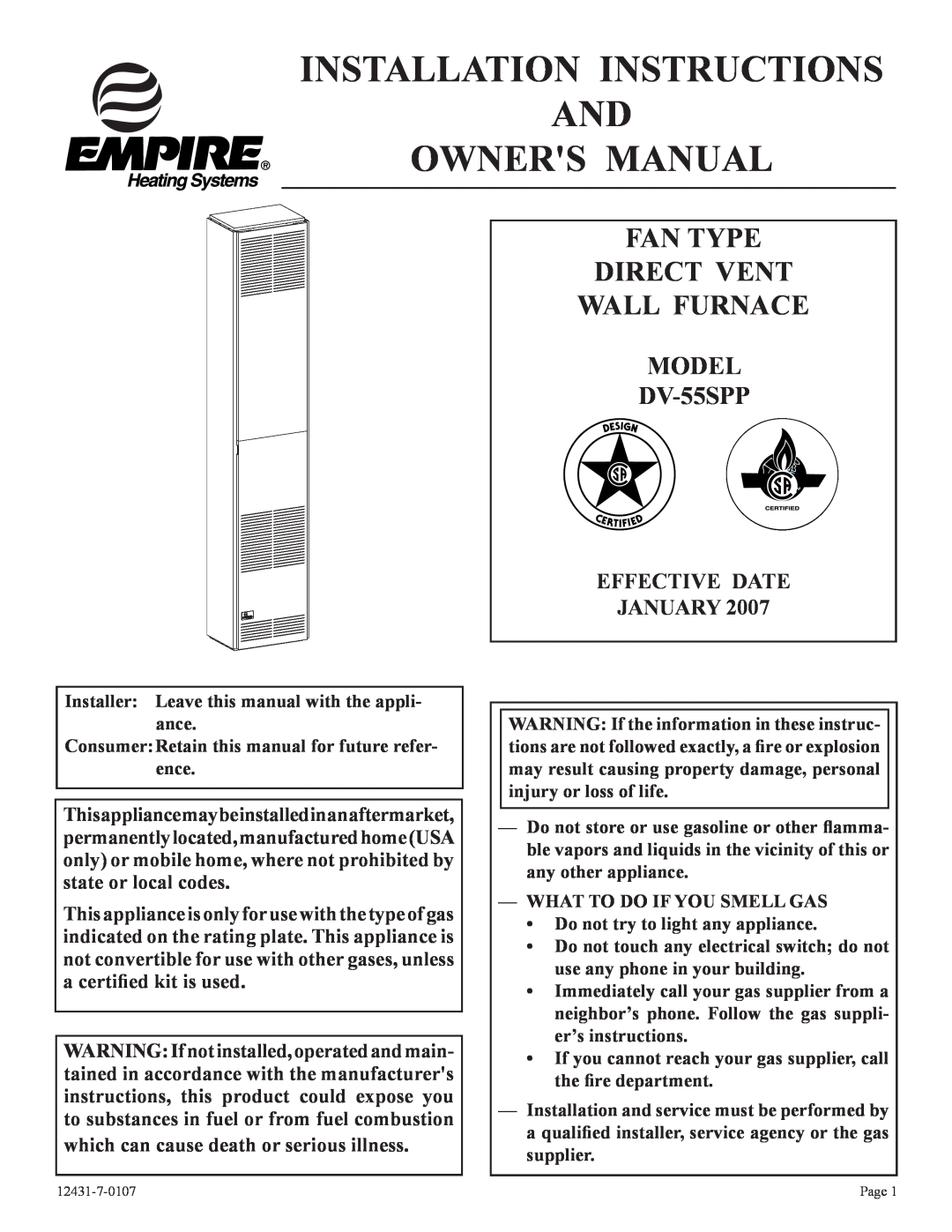 Langley/Empire DV-55SPP installation instructions Fan Type Direct Vent Wall Furnace, Effective Date January 