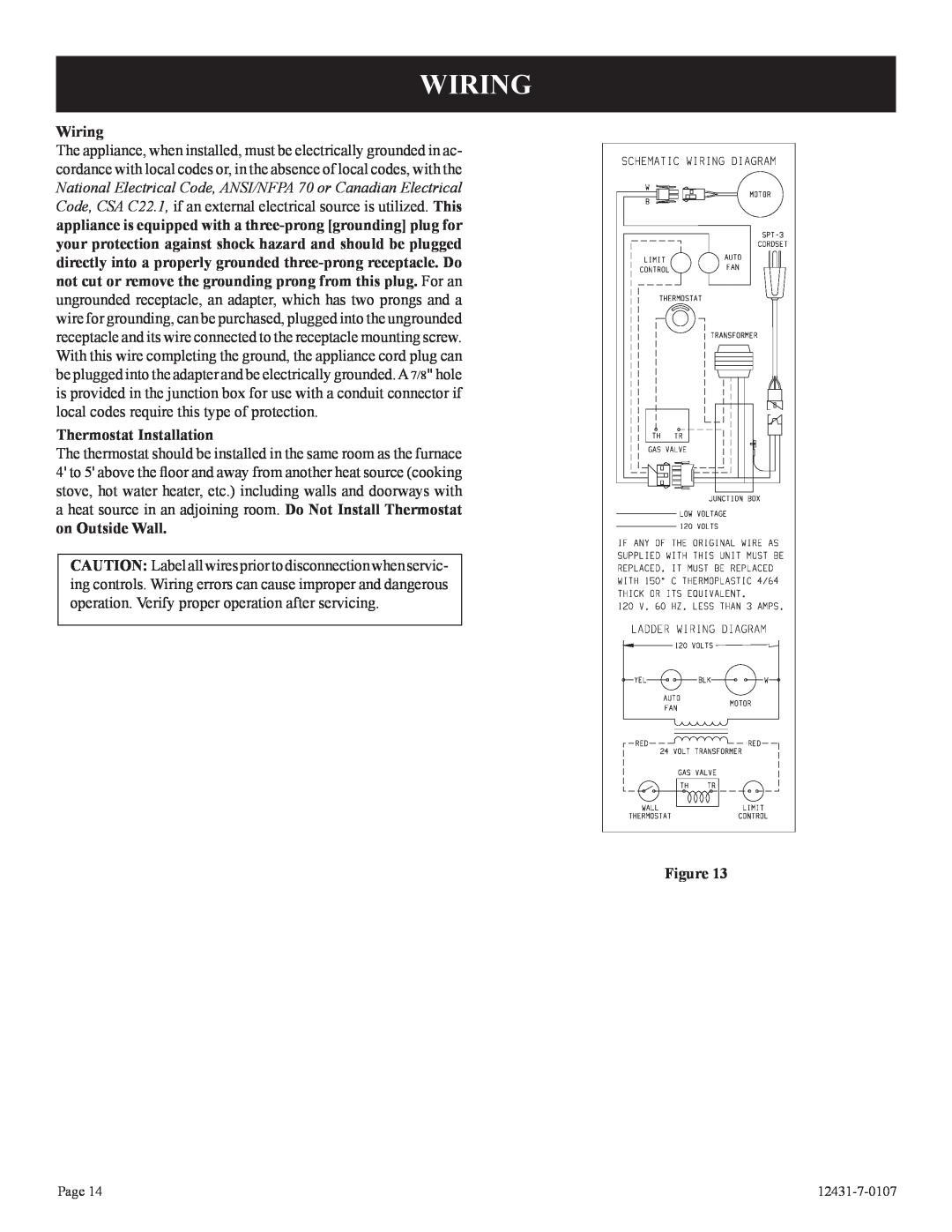 Langley/Empire DV-55SPP installation instructions Wiring, Thermostat Installation 