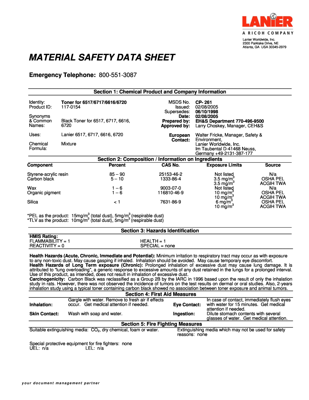 Lanier 117-0154 manual Material Safety Data Sheet, Emergency Telephone 