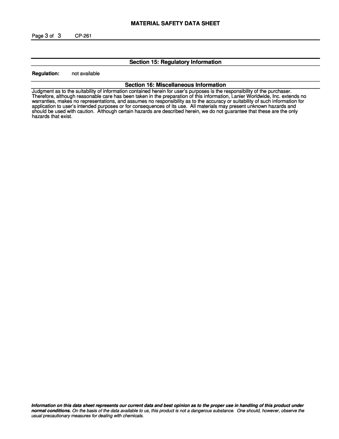 Lanier 117-0154 manual Material Safety Data Sheet, Regulatory Information, Miscellaneous Information, Regulation 
