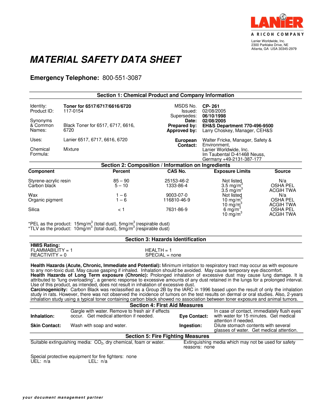 Lanier 117-0154 manual Chemical Product and Company Information, Composition / Information on Ingredients 