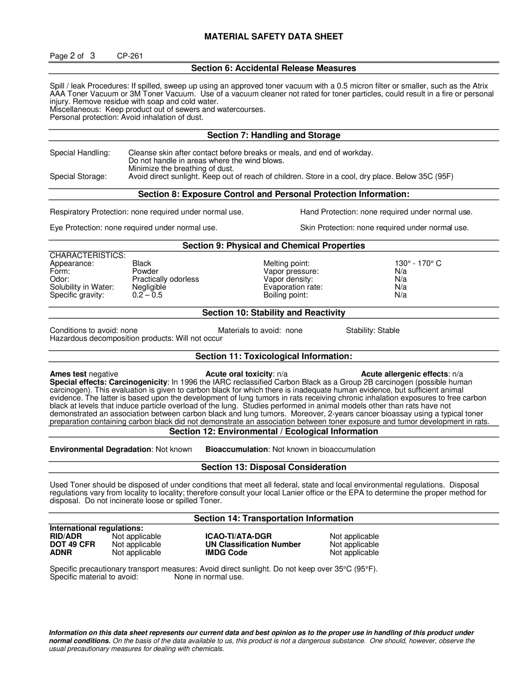 Lanier 117-0154 Accidental Release Measures, Handling and Storage, Exposure Control and Personal Protection Information 