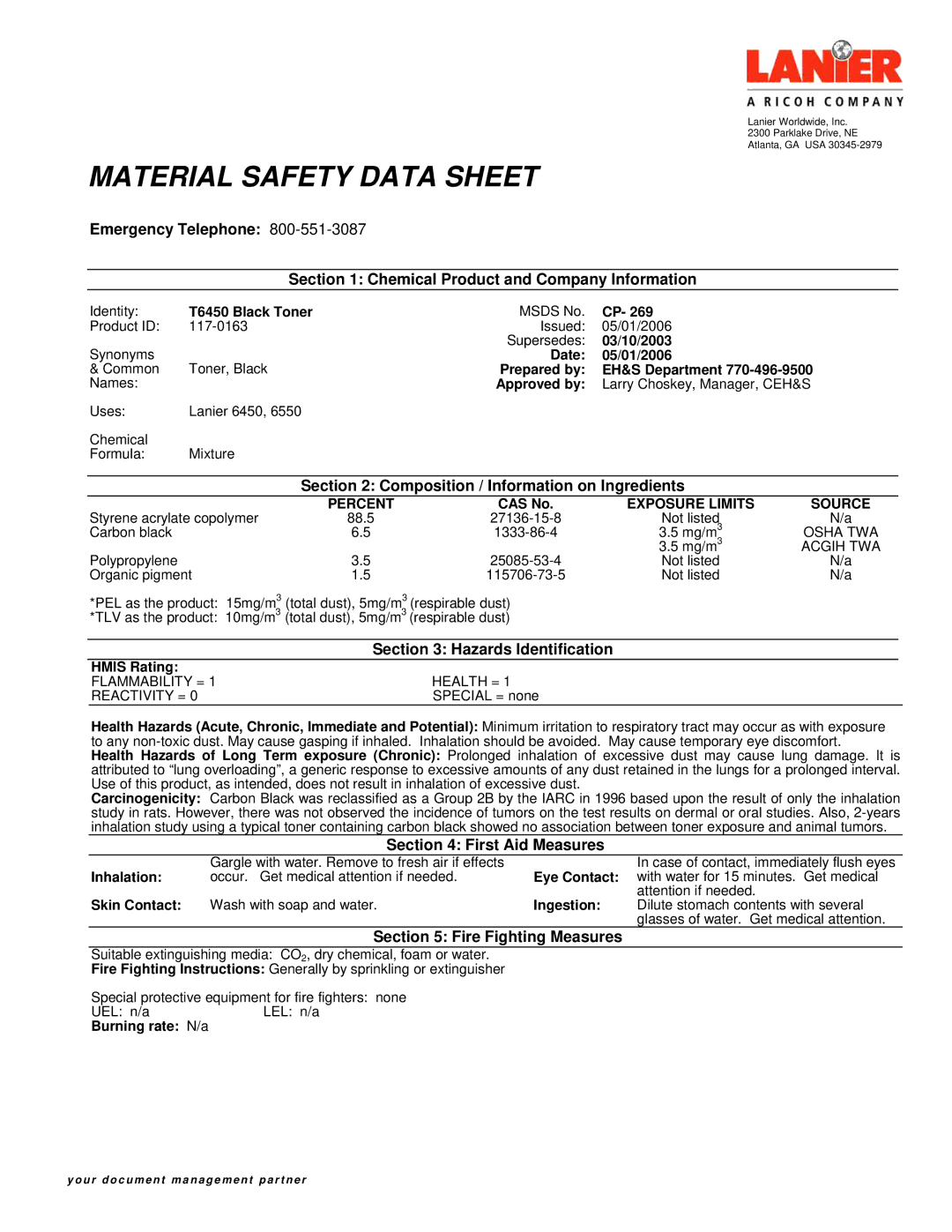 Lanier 117-0163 manual Composition / Information on Ingredients, Hazards Identification, First Aid Measures 