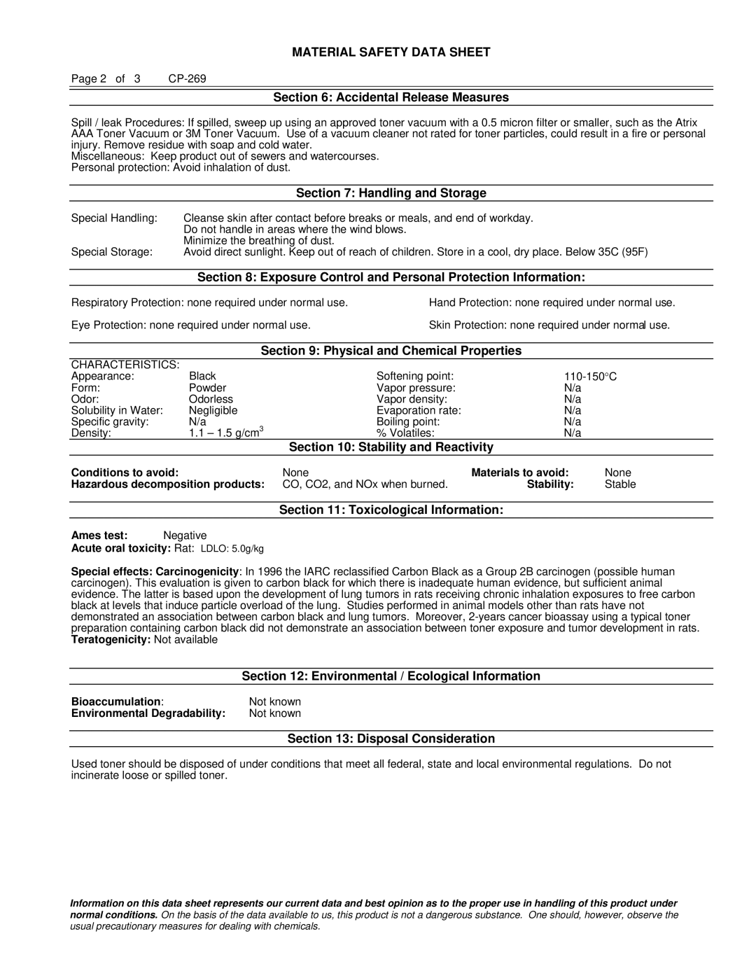 Lanier 117-0163 Accidental Release Measures, Handling and Storage, Exposure Control and Personal Protection Information 