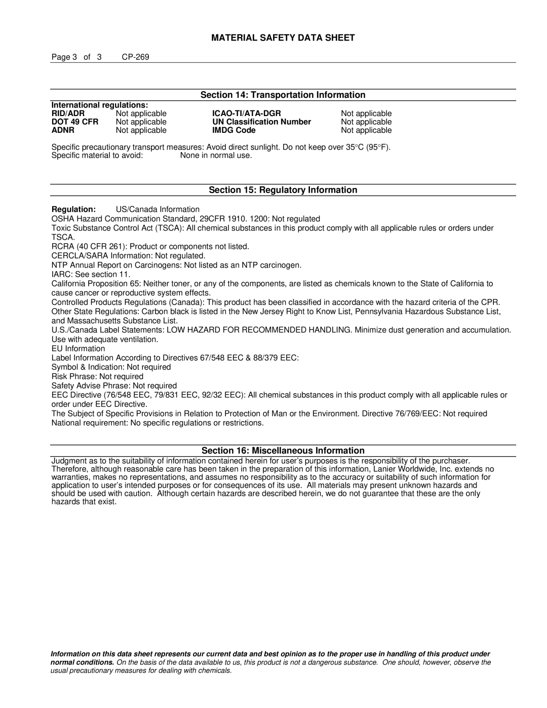 Lanier 117-0163 manual Transportation Information, Regulatory Information, Miscellaneous Information 