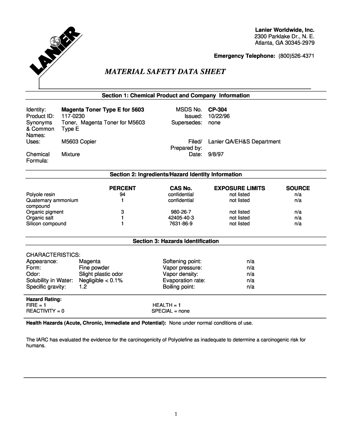 Lanier 117-0230 manual Material Safety Data Sheet 