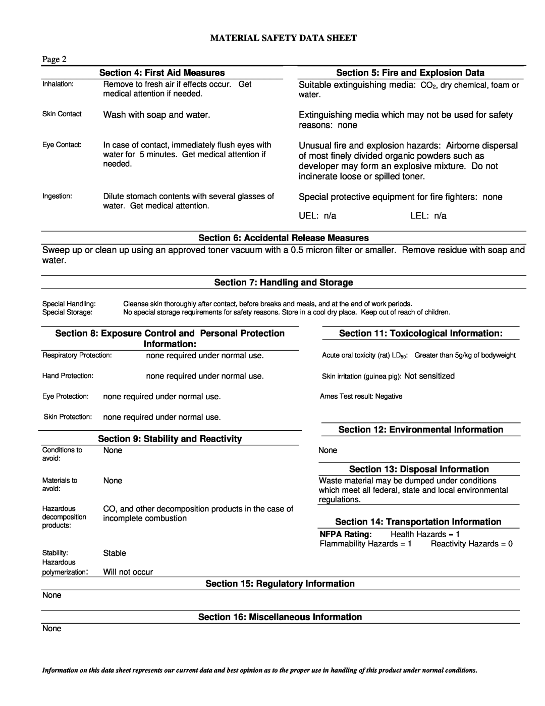 Lanier 117-0230 manual Material Safety Data Sheet, First Aid Measures 