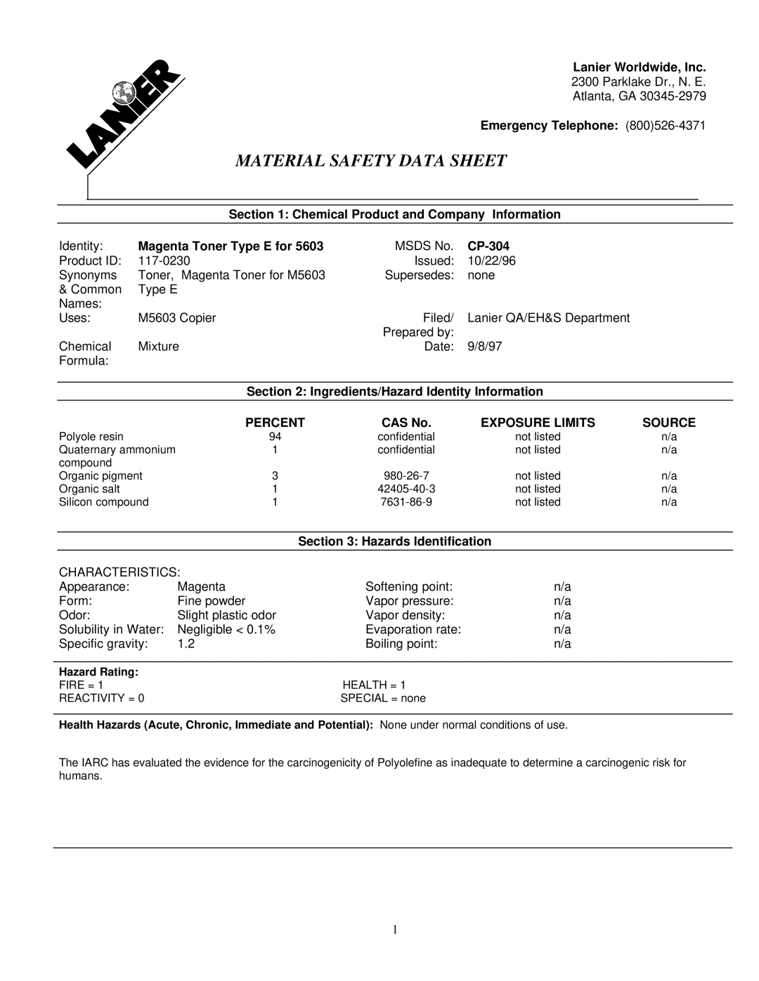 Lanier 117-0230 manual Lanier Worldwide, Inc, Emergency Telephone, Chemical Product and Company Information, CP-304 