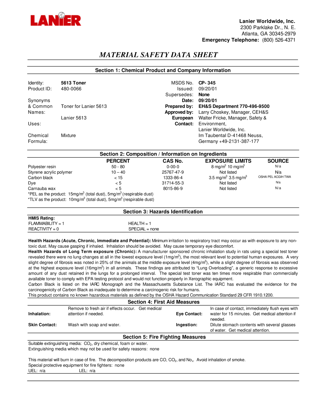 Lanier 480-0066 manual Lanier Worldwide, Inc, Emergency Telephone 800, Chemical Product and Company Information, CAS No 