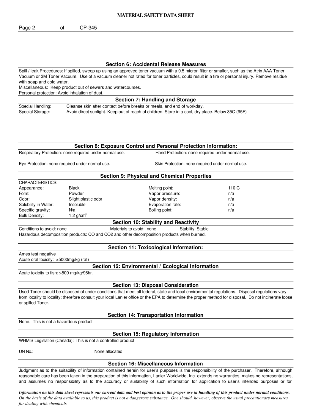 Lanier 480-0066 Accidental Release Measures, Handling and Storage, Exposure Control and Personal Protection Information 