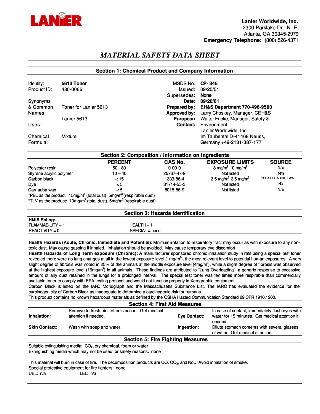 Lanier 480-0066 manual Material Safety Data Sheet 