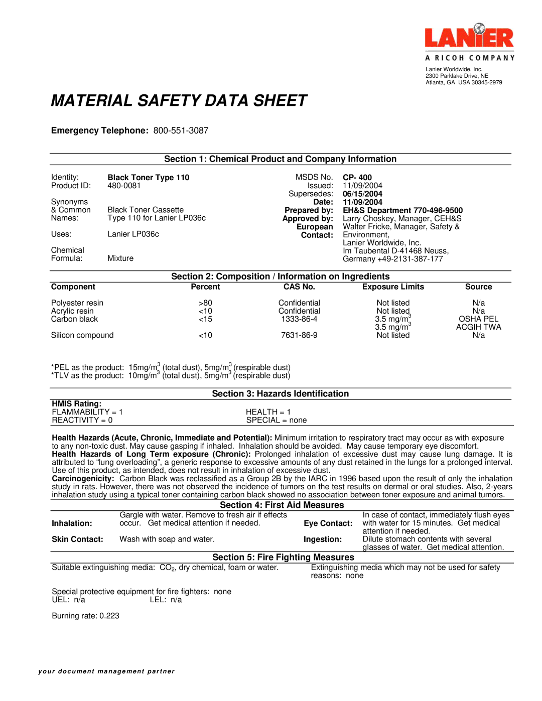 Lanier 480-0081 manual Composition / Information on Ingredients, Hazards Identification, First Aid Measures 